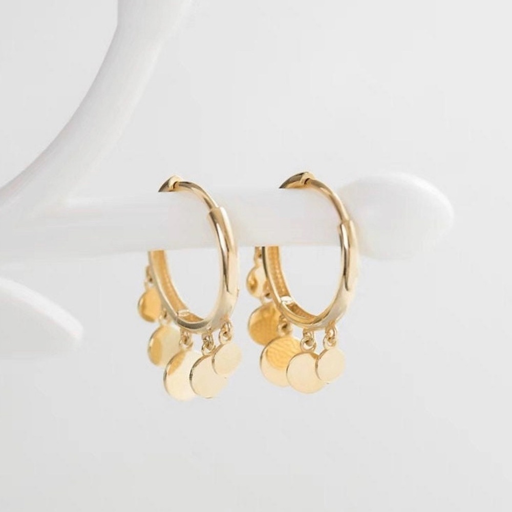 New 18K Solid Yellow Gold gold Hoop disc Earrings, Huggie Hoop Earrings
